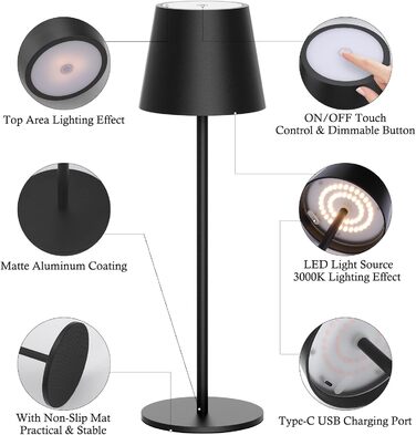 Klighten 2 шт. LED акумуляторні диммерні настільні лампи бездротові, перезаряджаються, тепле світло 3000K, для внутрішнього та зовнішнього використання, з USB-C, алюміній, водонепроникні IP54, чорні (2 шт.)
