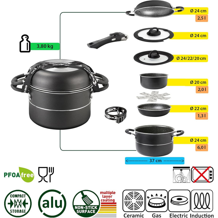 Набір кухонного посуду для кемпінгу BRUNNER Alu (каструлі та сковорідки) - 20, 22 або 24 см, Pirate Vakublock, на 4 особи, з антипригарним покриттям, легкий, високоякісний, стікевий. Алюмінієвий посуд для кемпінгу Vakublock ø 22 см 7+1-тильний (алюмінієви