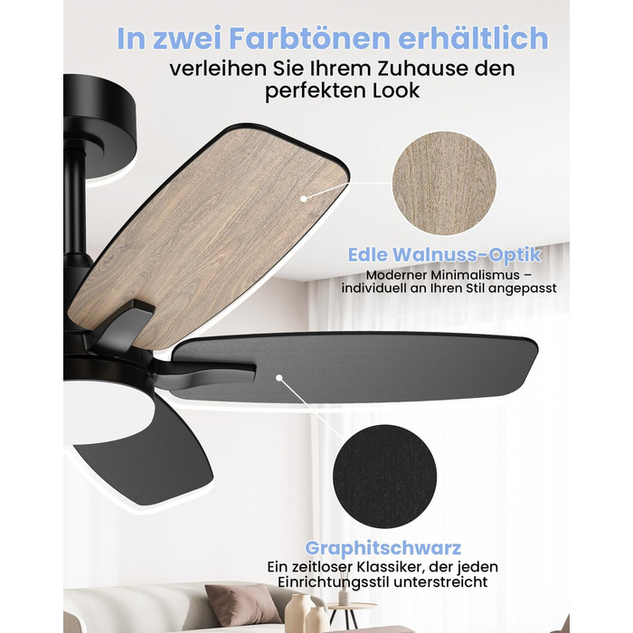 Стелянка вентилятор 106 см з підсвіткою та двосторонніми лопатями, тихий вентилятор з LED-лампою та пультом керування, для спальні та вітальні, DC мотор, штанга темне дерево