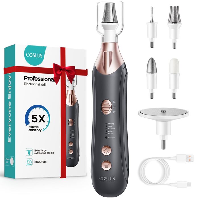 COSLUS C43 Професійний електричний набір для манікюру та педикюру: набір для догляду за ногами, руками та догляду за товстими нігтями, 5 швидкостей, сірий