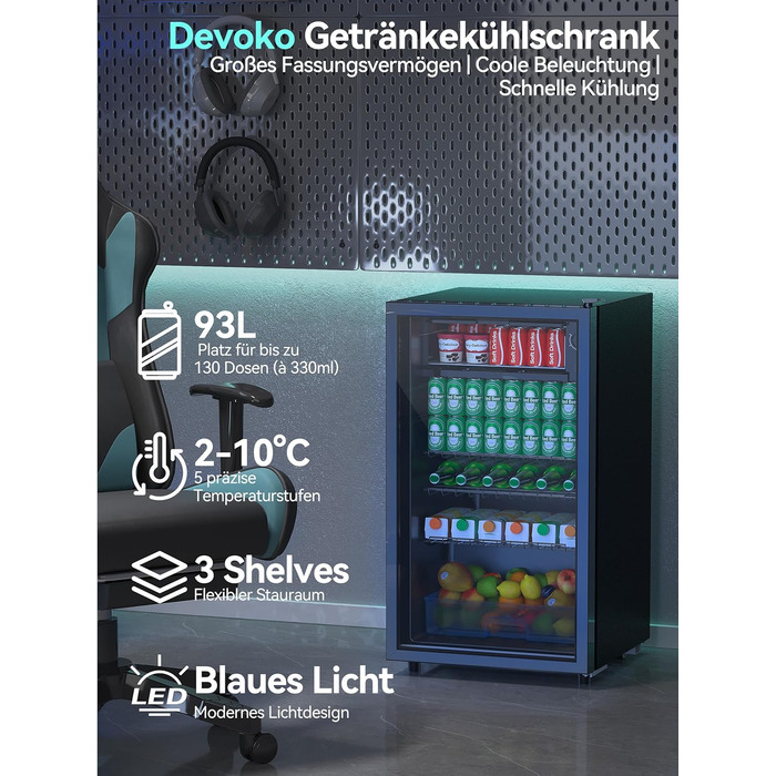 Холодильник для напоїв Devoko 93L з скляними дверцятами та LED-підсвіткою. Регульовані полиці для колі, пива та вина. Чорний колір, ідеально для дому та офісу.