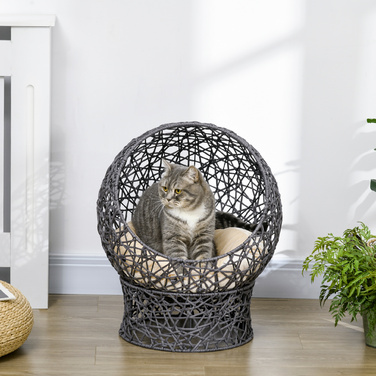 PawHut Корзина для кошек, домик для кошек с подушкой, 50 x 50 x 60 см, из полиэфирного шнура, цилиндрическое основание в фиолетовом и кремово-белом цветах, уютная кошачья лежанка