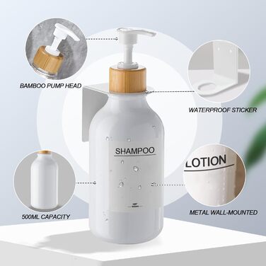 Wall-Mounted Soap Dispenser Set (No Drilling Required), 3-Pack 500ml Soap Dispenser, Wall Shampoo Dispenser, Shower Dispenser, Dish Soap Dispenser, Shampoo Dispenser for Kitchen, Bathroom (White)