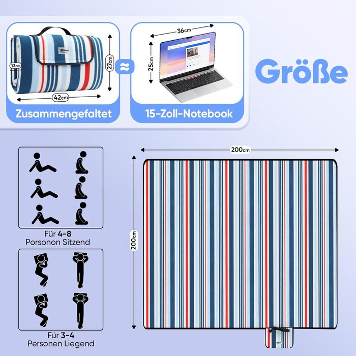 Килимок для пікніка Sekey 200x200 см, вологостійкий, пісконепроникний, для пляжу, кемпінгу, відпочинку на природі, блакитно-біло-бежевий в заначку