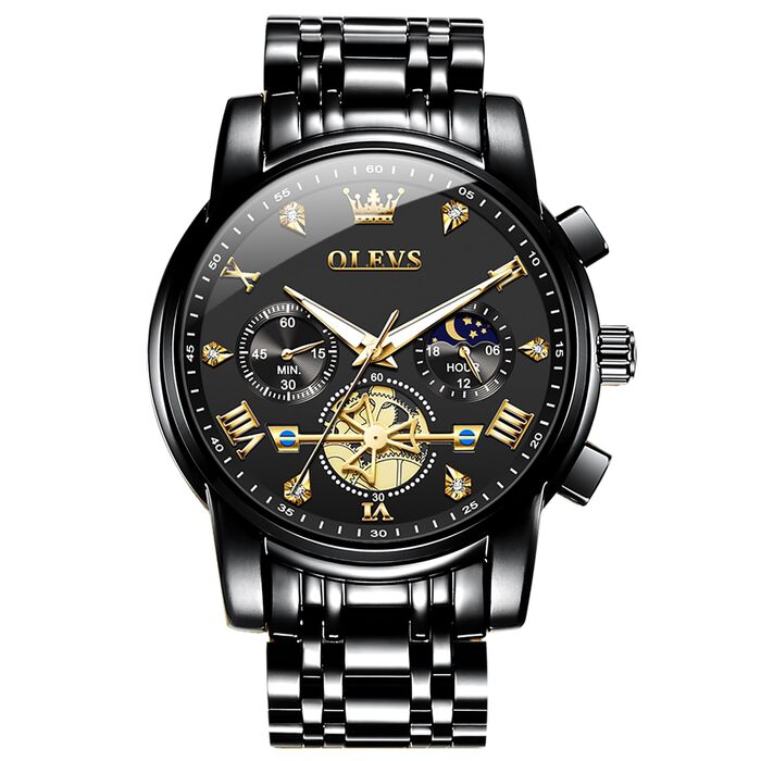 Годинник чоловічий OLEVS з металевим ремінцем, кварцовий, з місячною фазою, хронограф, водонепроникний, чорний (2856)