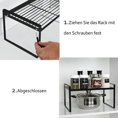 KZOBYD Expandable Kitchen Shelf, Foldable Kitchen Cabinet Shelf Spice Rack Organizer for Dishes and Supplies Stackable Kitchen Storage Organizer for Extra Storage Space (White, ) (Black, Large)