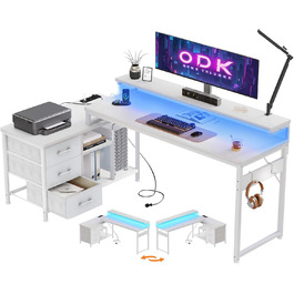 Кутовий стіл ODK з ящиками, 174x100 см, білий з полицею, для геймінгу та офісу, з підставкою для монітора