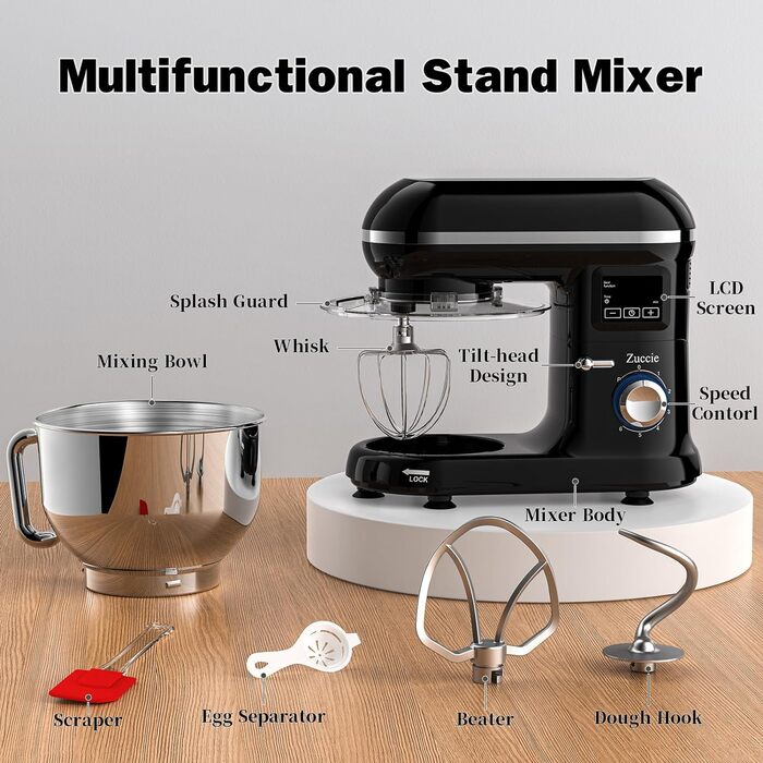 Kitchen Machine Zuccie Stand Mixer 1500W 5.5L Kitchen Machine 6 Speeds Dough Mixer with Dough Hook, Beater, Whisk and Splash Guard (Black)