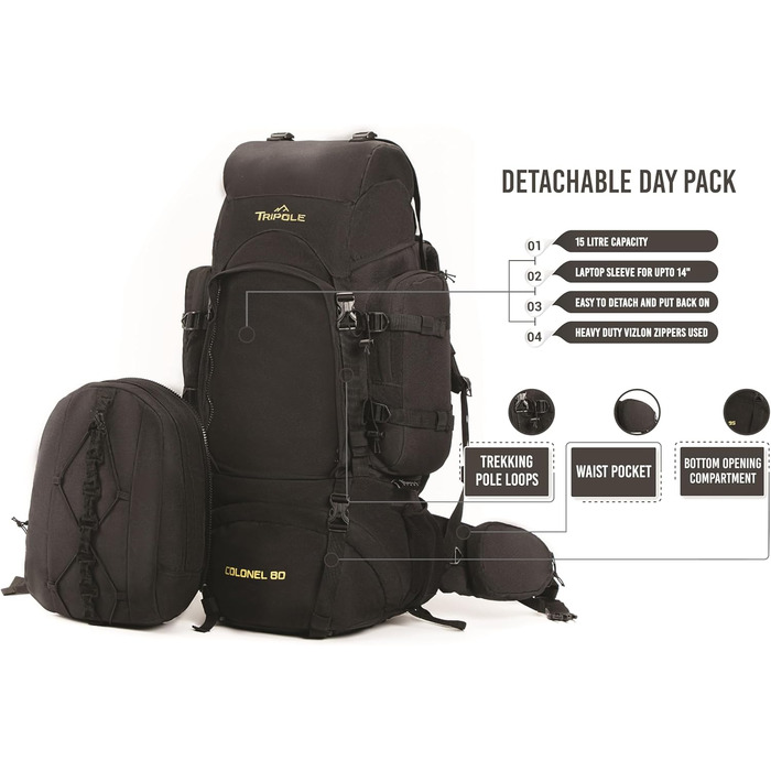 Tripole Rucksack from the Colonel Series with Internal Frame - Featuring Detachable Daypack and Rain Cover