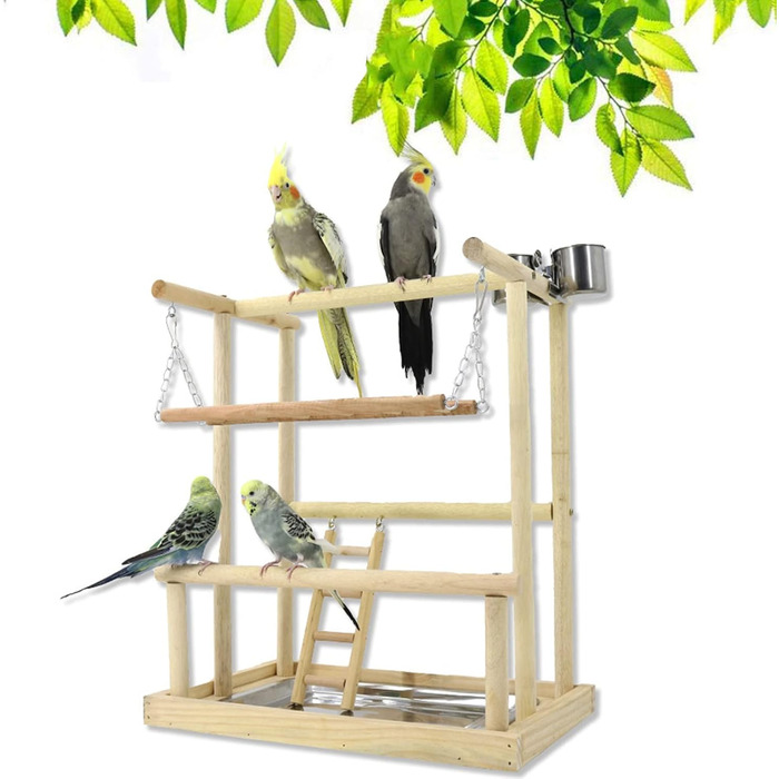 Bird Playground, budgie toys, bird play stand, bird gym, bird accessories, climbing frame with feeder cups, tray, swing for parakeets, canaries, finches, etc. (#8)
