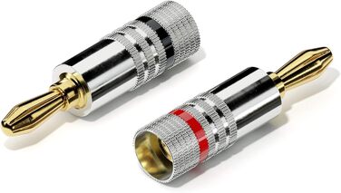 Бананові конектори Sonero® для акустичних кабелів до 6 мм², 4 шт. з кольоровим кодуванням (12x червоний, 12x чорний), 24K позолота (8 шт., High-End, Single)