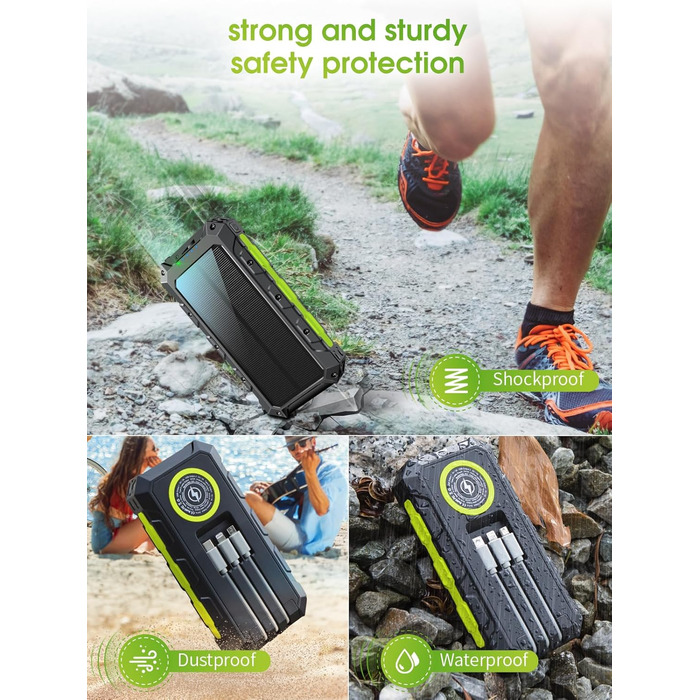 Портативний зарядний акумулятор Power Bank 52800mAh з сонячною панеллю, 30W, 7 виходів, з ліхтариком та LED-дисплеєм, чорний/зелений