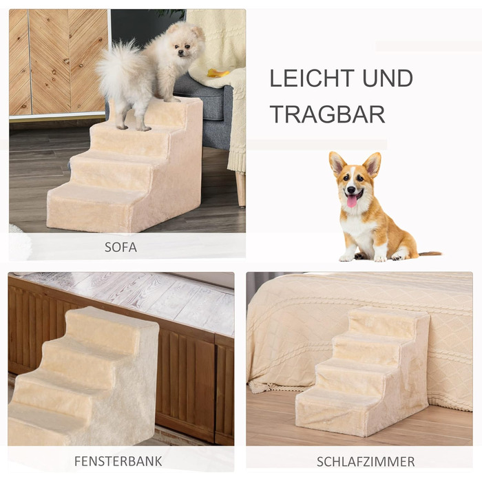 PawHut 4-Step Dog Stairs, 35 cm Cat Stairs for Bed and Sofa, Pet Stairs for Dogs and Cats up to 5 kg, Plush Appearance, Beige