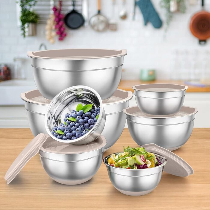 TEAMFAR Mixing Bowl Set, 7-Piece Stainless Steel Bowls Salad Bowls with Airtight Lids and Silicone Bottom, 0.7L/1.2L/1.5L/2.5L/2.8L/3.5L/6.5L, Khaki