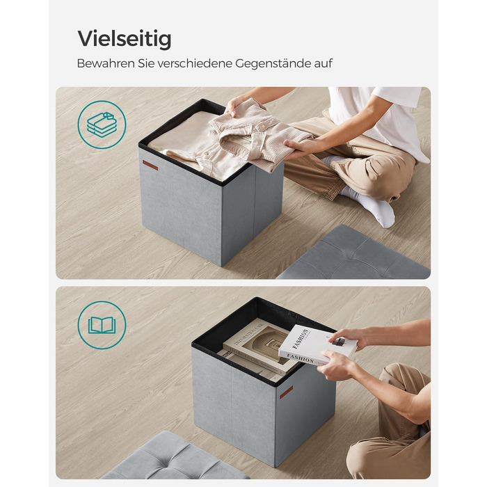 SONGMICS Storage Ottoman, Small Folding Bench, 38 x 38 cm Footstool, Storage Box, Holds up to 300 kg, for Living Room Bedroom Dorm, Dove Grey LSF227G02 38T x 38B x 38H cm Dove Grey
