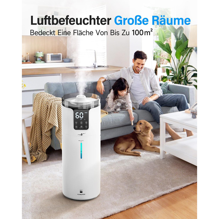 Ультразвуковий зволожувач повітря для великих приміщень 16 л, верхній залив, тихий, 1000 мл/год, до 100 м², з прохолодним туманом та аромадіфузором, для дитячої кімнати, офісу, рослин, білий