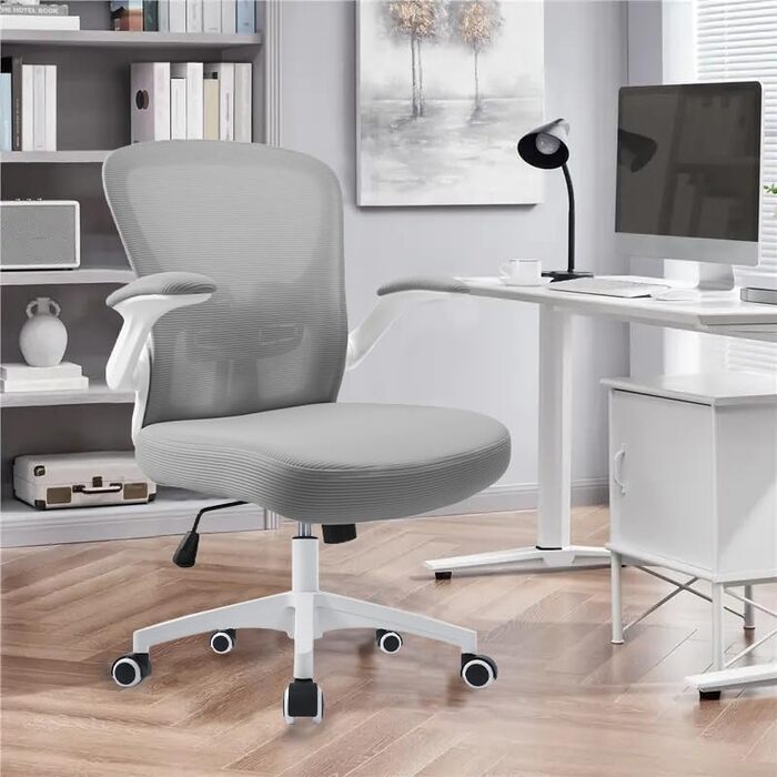 Ергономічне крісло для офісу та робочого столу з підйомними підлокітниками, регульованою підтримкою попереку, регульованою висотою поворотного п'єдесталу та спинкою з сіткою, що нахиляється до 130°, (Сірий)