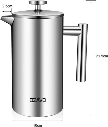 1L Coffee Maker French Press Stainless Steel Thermo with 5 Stainless Steel Filters Double-Walled Insulated System with Two-Layer Construction 1000ML