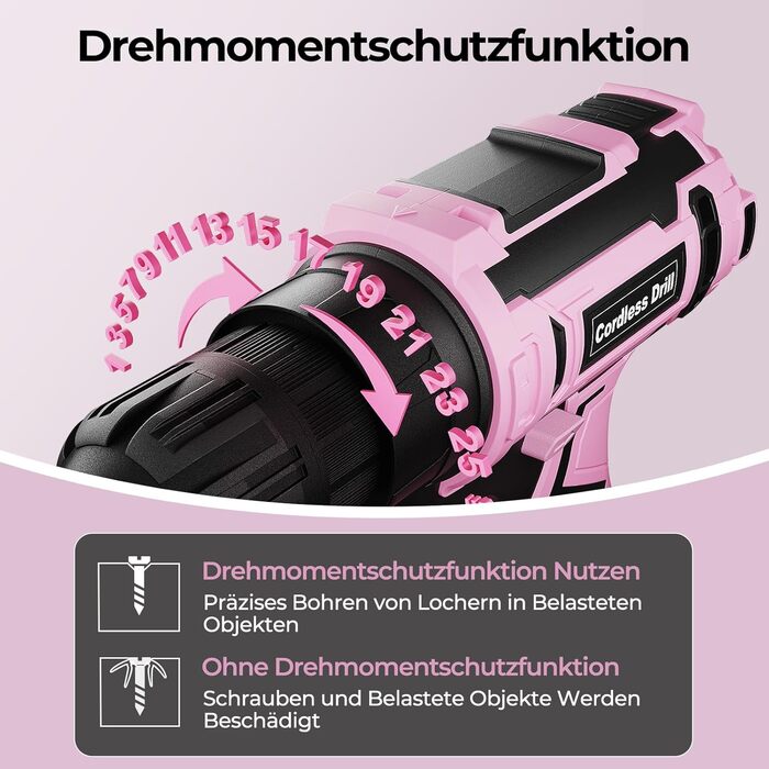 Акумуляторний шуруповерт 20V з набором аксесуарів 85 шт. (85tlg), 42Н.м, 2000mAh, 25+1 момент, 10мм патрон, легкий, LED, рожевий (для подарунка на День святого Валентина)