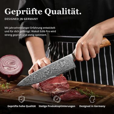 Ніж кухарський Wakoli EDIB Pro з дамаської сталі (серцевина VG10), 20 см - гострий та збалансований, з ручкою з паккавуду в подарунковій коробці - кухонний ніж з дамаску для професійних та аматорських кухарів, срібний