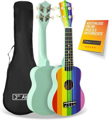 Укулеле 3rd Avenue Sopran 54 см (21 дюйм) – Початковий набір, сумка, підставка, ремінь, струни, медіатори та наклейки на гриф – Натуральний колір. Безкоштовні онлайн-уроки для початківців. Комплект включає інструмент та кольорові наклейки на гриф.