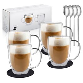 Набір склянок для лате макіато Zobel 350 мл (4 шт.) з ручкою, подвійні стінки, боросилікатне скло, з підставками та ложками, для посудомийної машини, термостійкі