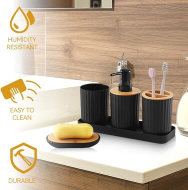 Чорний набір аксесуарів для ванної кімнати (5 шт.): мильниця, стакан, дозатор мила, тримач для зубних щіток, пластик