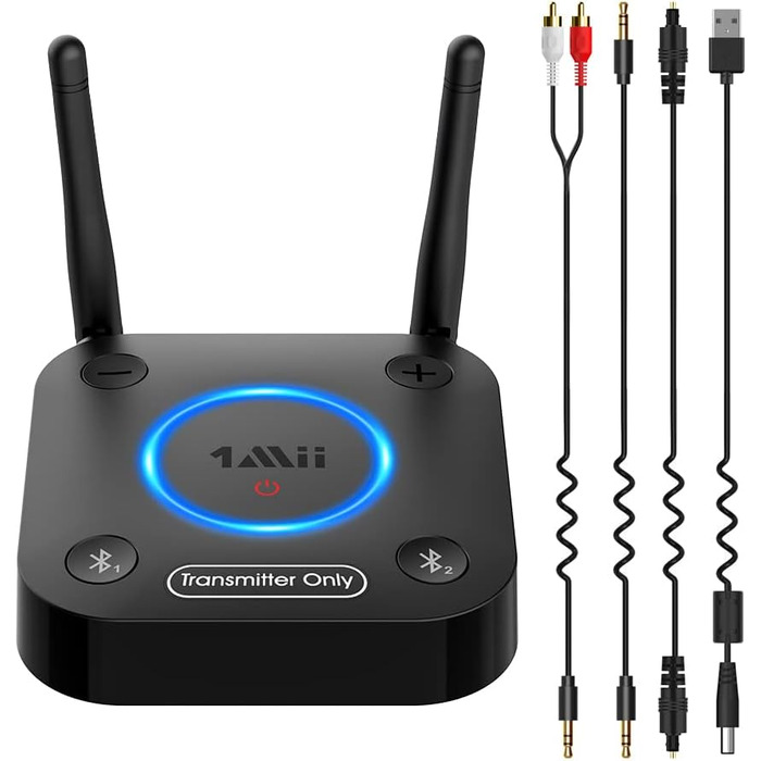 1Mii B06TX Bluetooth 5.2 Передавач для ТВ з aptX HD та низькою затримкою, велика дальність дії, аудіоадаптер для 2 навушників або динаміків, 3,5mm AUX/Оптичний/Коаксіальний вихід, регулювання гучності