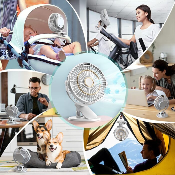 COZII Міні вентилятор на кліпсі USB, акумуляторний, тихий, 5 швидкостей, 720° оберт, 16 см, для дому, офісу, подорожей (білий)