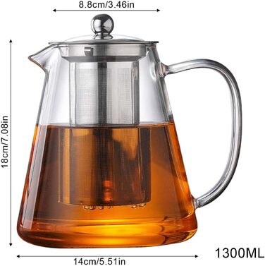 Скляний чайник для заварювання чаю з ситом та кришкою, термостійке боросилікатне скло, 1300 мл