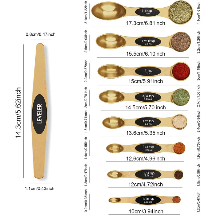 Magnetic Measuring Spoon Set, Stainless Steel with Leveler, 9 Piece, Stackable Measuring Cups for Baking, Measuring Cups and Spoons Set, Kitchen Gadgets, Household Utensils, Fits Spice Jars