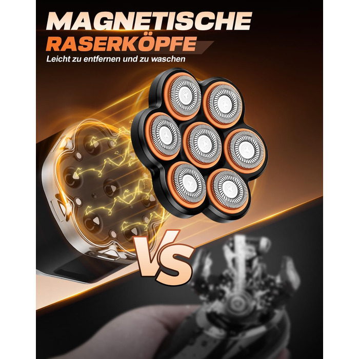 Електрична бритва для голови Glatzenrasierer Herren 7D з LED дисплеєм, водонепроникна (IPX5), чорна