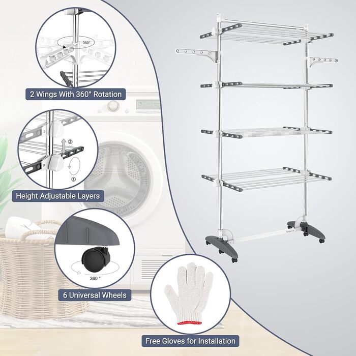 Турбо сушарка для білизни Todeco з нержавіючої сталі, 4 яруси, мобільна, сіра