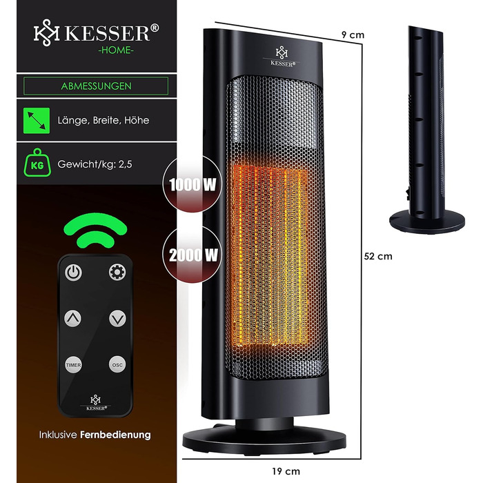Обігрівач KESSER® 2000W з пультом керування, керамічний, тихий, з осциляцією, таймером, чорний