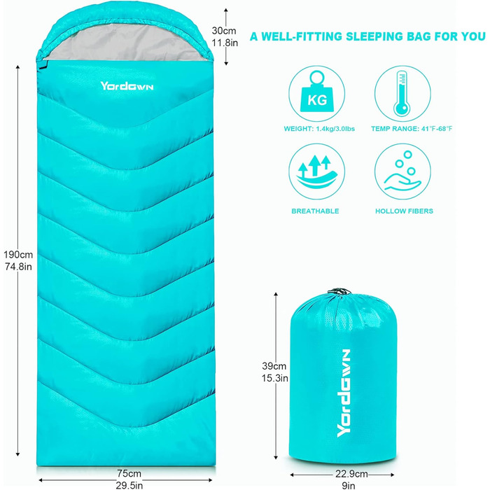 Yordawn Sleeping Bag - Ultralight 3-4 Season Camping Sleeping Bag for Adults & Kids - Waterproof Travel Sleeping Bag (Lake Blue)