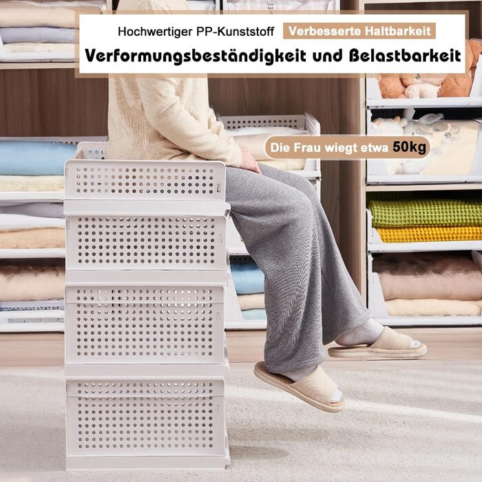 5 Foldable Plastic Storage Boxes, Drawer Box, Stackable Closet Organizer, Shelf Storage Box, Shelf Baskets Closet, Stackable Drawer Storage Boxes, for Kitchen Bedroom, White (5 Pcs XL)
