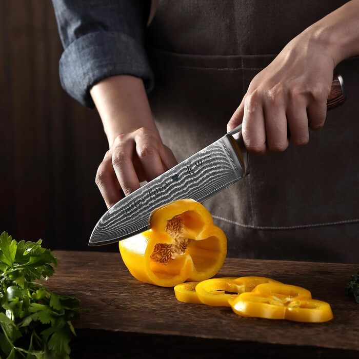 Японський ніж Santoku Wakoli EDIB з дамаської сталі (17 см) з VG10-серцем | Професійний кухонний ніж для приготування їжі | У подарунковій коробці з дерев'яною ручкою Pakkaholz