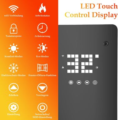 Скляний конвекторний обігрівач Daromigo 2000W з термостатом та Wi-Fi, IP24, настінний, енергозберігаючий, чорний