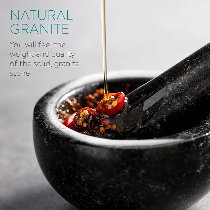 Navaris Granite Mortar and Pestle Set - Large Stone Mortar for Spices, Pesto, Herbs - Includes Pestle with Mallet - Ø 16cm (12 cm)
