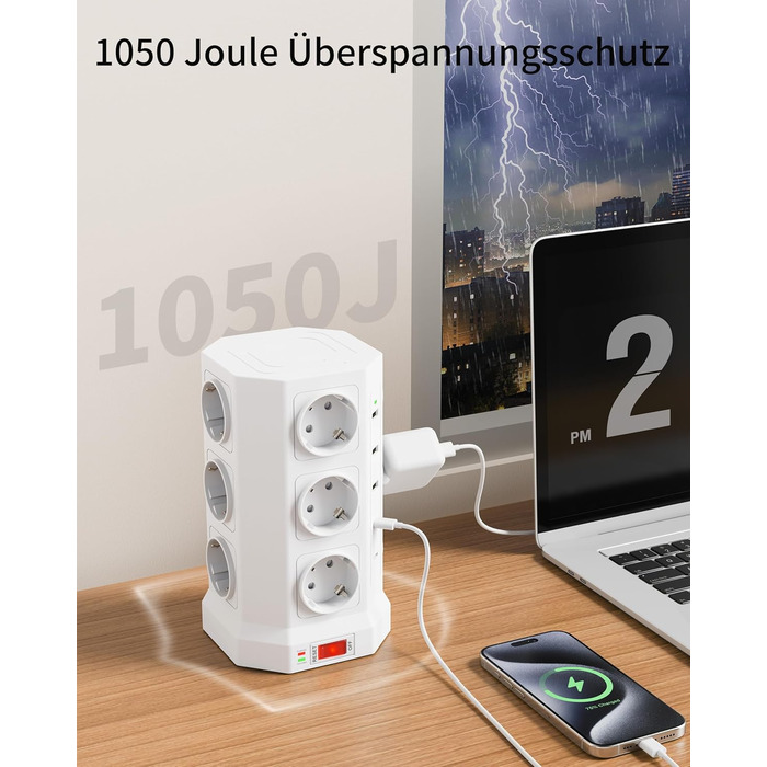 Блок розеток із захистом від перенапруги (3680W/16A), 12 розеток з 5 USB, мережевий фільтр з вимикачем, 1,5м кабель, захист 1050J, для дому/офісу, білий