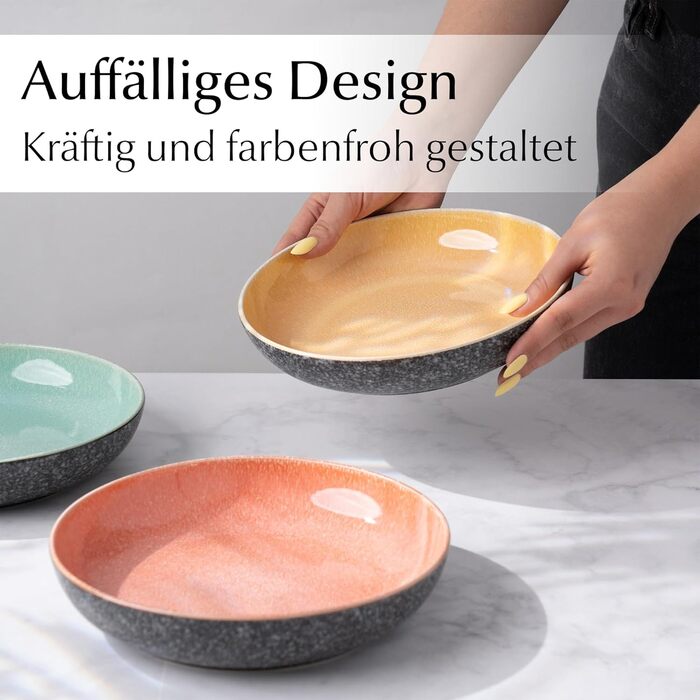 Набір посуду Miamio Las Palmitas (24 предмети) для 6 осіб: тарілки, чашки, супові тарілки, миски для каші/пасти. Можна мити в посудомийній машині, використовувати в мікрохвильовій печі та духовці.