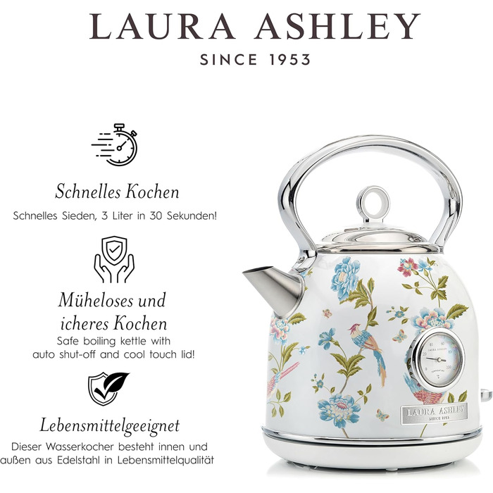 Laura Ashley Elveden Wireless Electric Kettle - 1.7L Stainless Steel, 2.2kW Fast Boil, Temperature Display & Overheat Protection