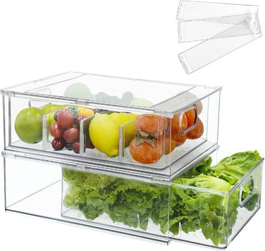 Refrigerator Organizer Drawer Set with Handle, 3-Piece Stackable Kitchen Storage Boxes with Pull-Out Drawer & Lid for Vegetables, Berries, Meat | PET Plastic Food Storage Containers (2 packs with drawer - 6L * 2)