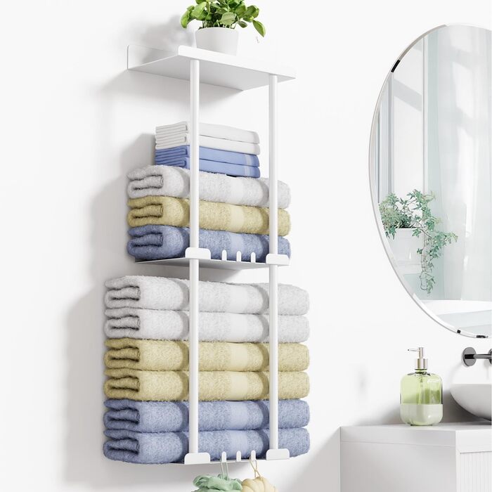 Тримач для рушників без свердління, настінний, з 6 гачками та полицею для ванної кімнати/кухні, матовий, для гостей, білий
