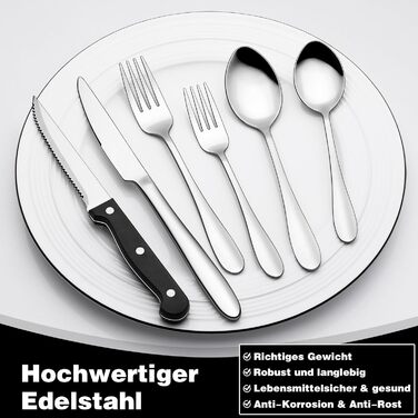 12-Person Cutlery Set, 72-Piece Stainless Steel Cutlery Set with Steak Knives, Eating Utensil Set with Knife Fork Spoon, Elegant Dinnerware for Restaurant/Party, Dishwasher Safe