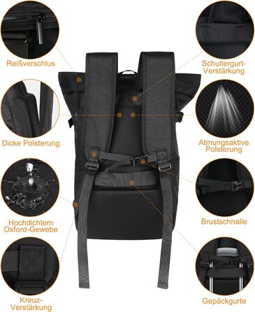 Roll-Top Backpack Waterproof, 27L Large Backpack Men Women, School Backpack with 17.3 Inch Laptop Compartment, Travel Backpack Hiking Backpack for Business Work College Travel Leisure (Black)
