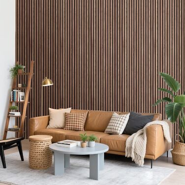 Акустичні панелі з дерев'яного шпону самоклеючі, набір 2 шт. 100x52 см, звукопоглинаючі стінові панелі для шумоізоляції та декору вітальні, офісу, коричневі