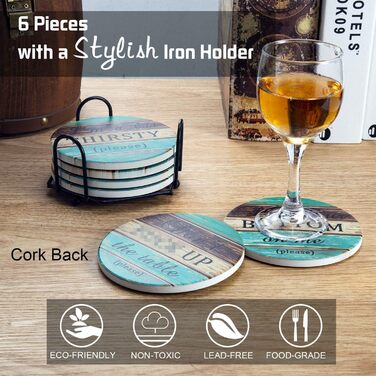 Drink coasters, absorbent, Esur fun ceramic coaster set of 6 with metal holder, rustic cork bottom table protector, farmhouse style bar, home decor, housewarming gift