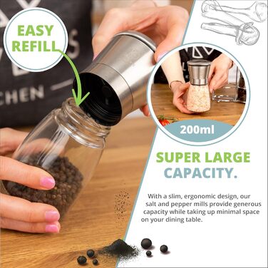 Набір з 2 шт. мельниць для солі та перцю Oliver's Kitchen® - преміум керамічні жорна, велика ємність, регульований ступінь помелу, ручний дозатор