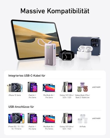 Powerbank Anker Nano 10000mAh з USB-C кабелем, 30W PD, USB-A, для iPhone, MacBook, Galaxy, iPad, AirPods (фіолетовий)